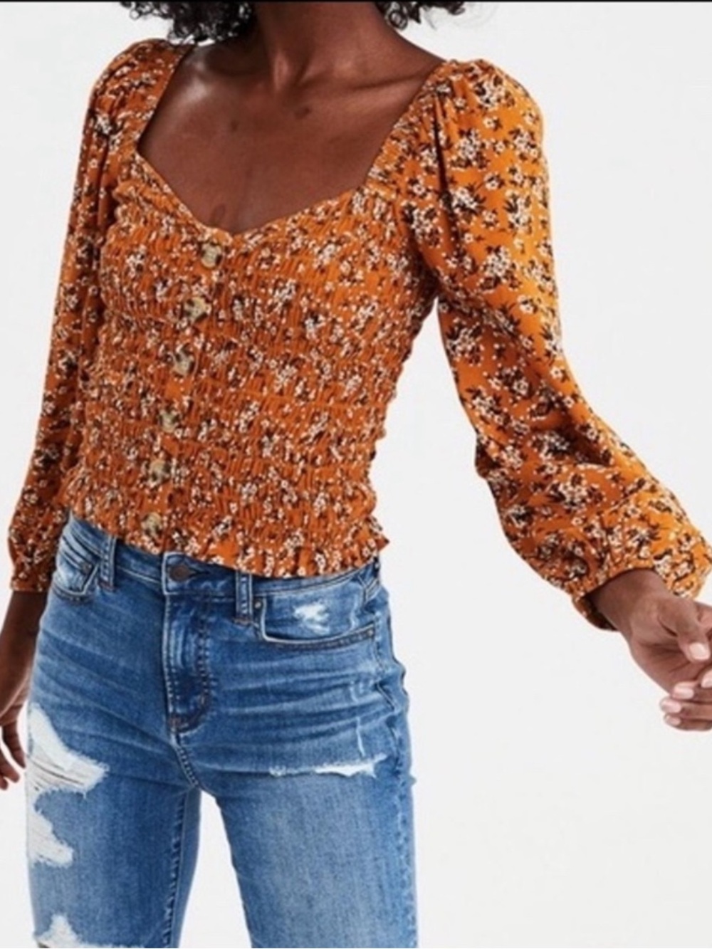 NWOT American Eagle Long Sleeve Smocked Peasant Crop Blouse, Size M,Marigold
